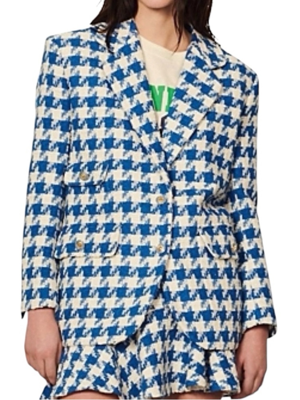 Sandro Floriane Houndstooth Blazer FR 42 US 10 Blue White Parisian Tailored